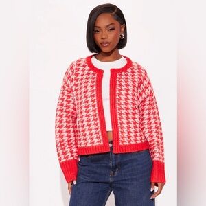 Fashion Nova Red and White Houndstooth Open Cardigan